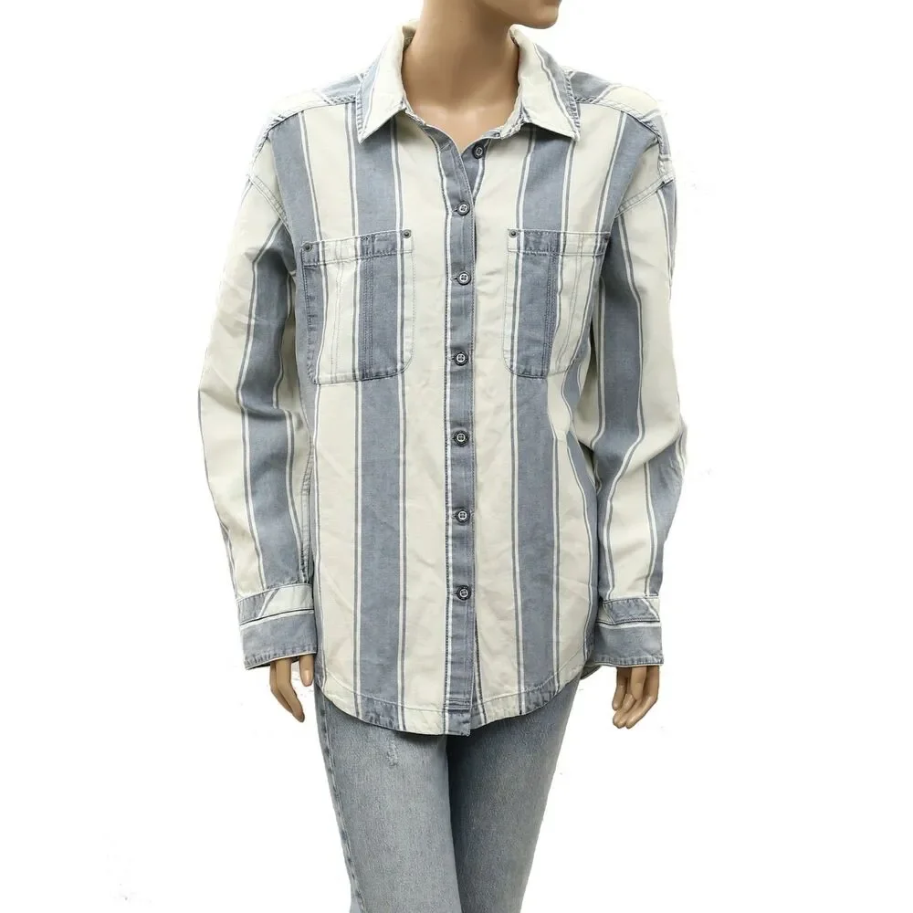 Free People We The Free Crossroads Striped Button Down Shirt Top Print S 288579